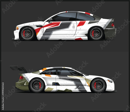 Side views of two white sports cars with red accents
