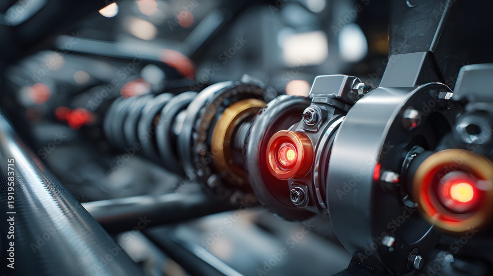 Fototapeta premium Close-up of a high-performance racing car suspension system with glowing red accents