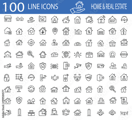 Home and real estate property outline icon set with residential house, mortgage loan, security camera, building maintenance, rent sign, architecture blueprint more vector illustration editable stroke.