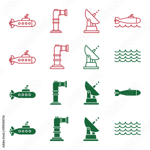 Red and green submarine satellite and missile satellite dish torpedo water waves