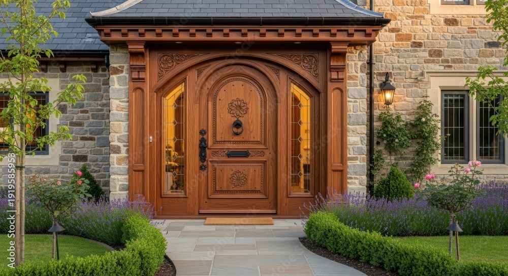Fototapeta premium Beautiful large wooden front door with intricate carvings and sidelights surrounded by lovely garden landscaping and stone house exterior.
