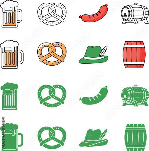 St Patrick's Day beer and food pretzels sausages barrels