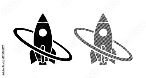 Sleek rocket icon orbiting a planet, symbolizing space exploration and progress