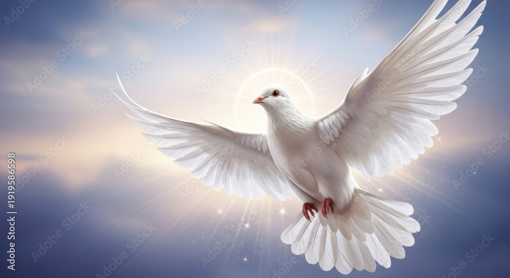 Obraz premium Beautiful white dove in flight surrounded by a halo of light symbolizing peace and spiritual faith inspiration.