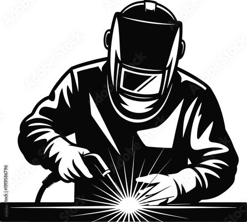 Professional welder working with sparks, industrial worker wearing protective mask vector