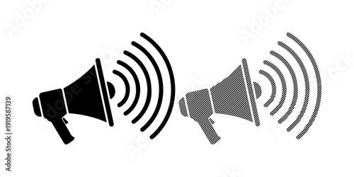Two simple megaphone icons broadcasting sound waves on a white background
