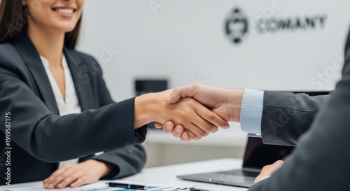 Business professionals engaging in a handshake sealing a deal or partnership in a modern corporate office environment success.