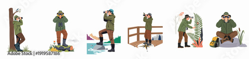 Canvas Print People engaged in birdwatching and nature observation, using binoculars in various outdoor settings, highlighting exploration, adventure, and discovery