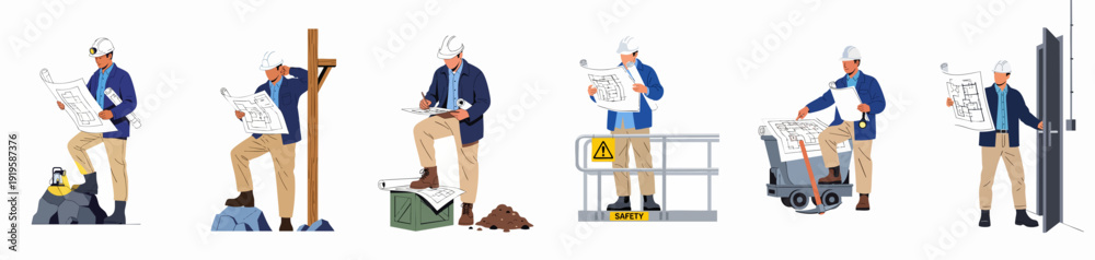 Fototapeta premium Construction engineer planning and inspecting building projects, illustrated with diverse job site activities and blueprint analysis.
