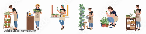 A collection of illustrations depicting women caring for and harvesting fresh herbs, showcasing the joy of home gardening and sustainable living.