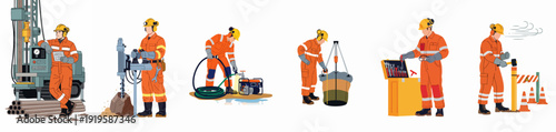 Industrial professionals performing various construction, drilling, surveying, and maintenance tasks, emphasizing safety and operational efficiency.