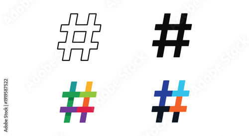 Visual representation of hashtag symbols with varying color patterns and styles