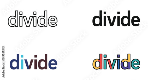 Visual representation of the word divide in various font styles and colors