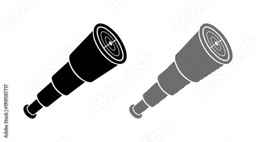 Two stylized telescopes, one black and one gray, shown side-by-side against a white background, representing exploration and discovery.