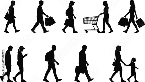 Large set of diverse people silhouettes walking while carrying shopping bags and pushing retail carts isolated on white background for consumerism and family commerce.