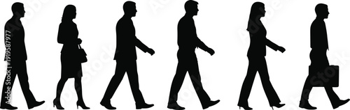 Set of diverse business professional silhouettes walking in a row with briefcases and handbags isolated on white background for corporate career and commute vector.