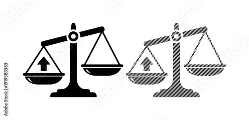 Scales of justice with upward arrow symbolizing growth and fairness
