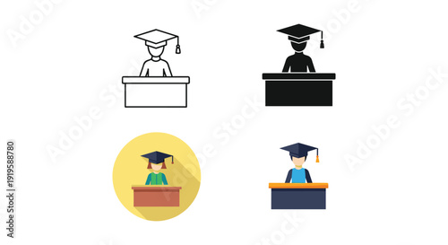 Illustrations of graduates in various academic and professional settings.