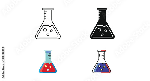 Four distinct types of laboratory glassware with colorful liquid contents