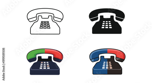 Four vintage telephone designs with different colored handsets and bases