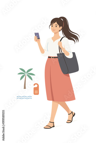 Young woman heading to a beach resort with tote bag and smartphone modern editorial fashion lifestyle vector illustration