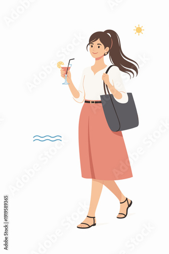 Young stylish woman heading to a seaside resort with cocktail modern editorial fashion lifestyle vector illustration