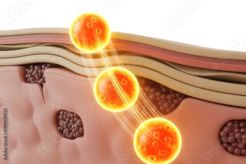 Illustration of ultraviolet radiation penetrating human skin layers and damaging cells
