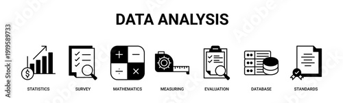 Data Analysis web banner icon vector illustration concept with icons of statistics, survey, mathematics, measurement, evaluation, database systems, and international standards.