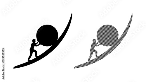 Person pushing large boulder uphill, symbolizing struggle and perseverance.