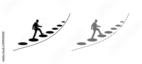 Silhouette of a person climbing a series of steps towards a bright future.