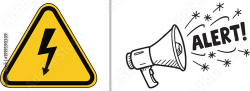 A versatile collection of minimalist vector icons featuring diverse gender and identity symbols, human avatars, and hand-drawn alert elements like ringing bells, megaphones, and hazard signs.