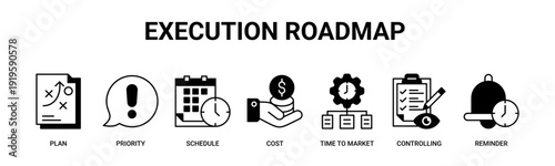 Execution Roadmap web banner icon vector illustration concept with icons of plan, priority, schedule, cost, time to market, controlling, reminder.