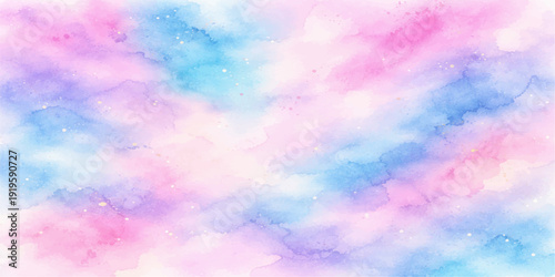 Beautiful abstract colorful watercolor background featuring a bright summer sky with blue clouds and sunlight in a horizontal nature atmosphere