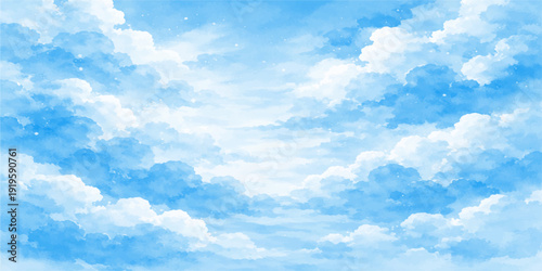 A beautiful summer day features fluffy white cumulus clouds drifting across a bright blue sky, creating a clear and peaceful nature cloudscape filled with sunlight and airy atmosphere