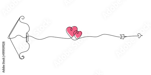 Cupid's bow with arrow and hearts in continuous line style. Idea for banner, poster, web, template, valentine's card. Hand made vector illustration