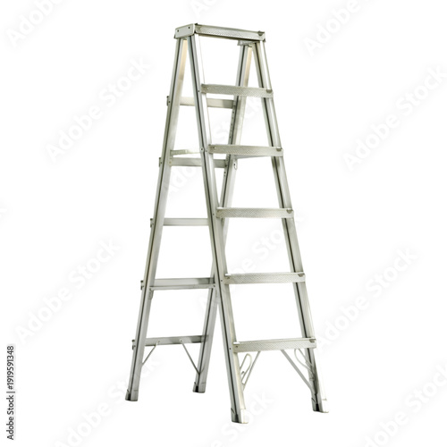 Aluminum extension ladder standing upright isolated on transparent background