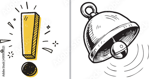 A diverse collection of vector graphics featuring minimalist gender and identity symbols, human avatars, and hand-drawn alert elements like ringing bells, megaphones, and hazard signs.