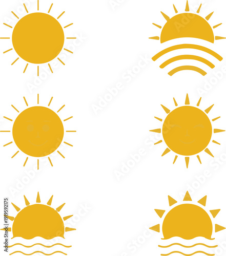 Sun icon collection illustration with different shapes, yellow weather and energy symbols set