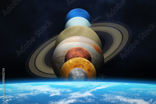 A planetary alignment or a planet parade see seven planets Mercury, Venus, Mars, Jupiter, Saturn, Uranus and Neptune. Solar System planets. High resolution image. 