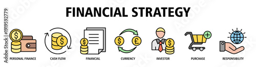 Financial Strategy web banner icon vector illustration concept with icons of personal finance, cash flow, financial management, currency, investor, purchasing, responsibility.