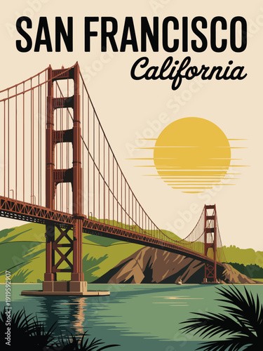 San Francisco California poster, bold black capital headline with golden sun and horizontal yellow rays backdrop