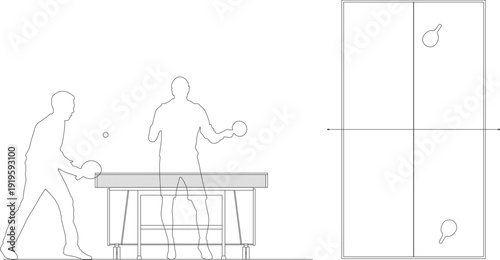 Table tennis set featuring pingpong table floor plan and side view elevation of players for sports and recreation design.