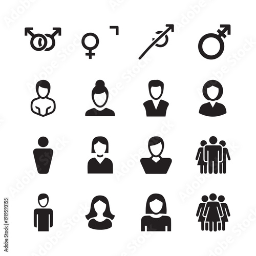 A collection of solid black icons featuring gender symbols, various male and female user avatars, and groups of people representing community and social identity.