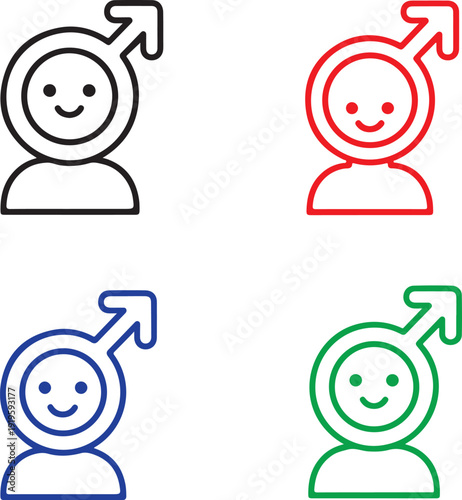 Four linear icons of male gender symbols integrated with smiling human faces and torsos, presented in black, red, blue, and green. A friendly representation of male identity.