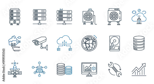 Data Center Technology Icons: Servers, Cloud, Network, Security, Storage, Analytics