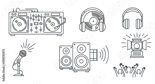 Dj Equipment And Music Icons: Turntables, Headphones, Speakers, Microphone, Spotlight, Crowd