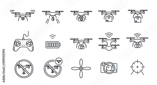 Drone Icons Set: Quadcopter, Remote Control, Battery, Camera, Delivery Box