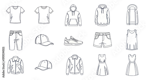Collection of Hand-Drawn Clothing and Accessories Icons on White Background