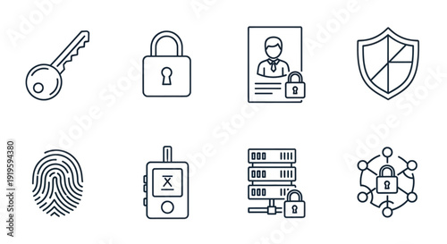 Cyber Security Icons: Lock, Key, Fingerprint, Shield, Server, ID, Network