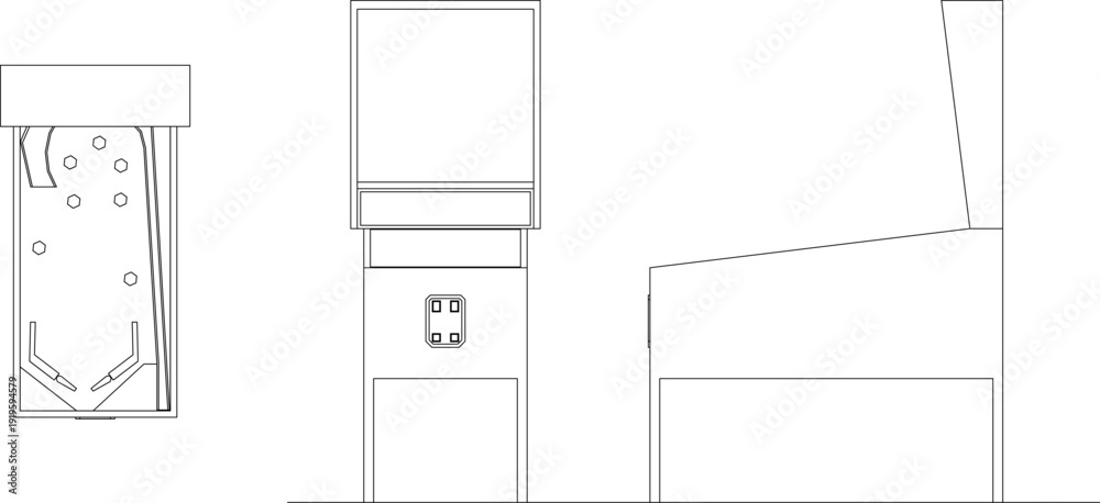 Εκτύπωση καμβά Arcade game machine icons featuring pinball table floor plans, front elevations, and side views for entertainment room design